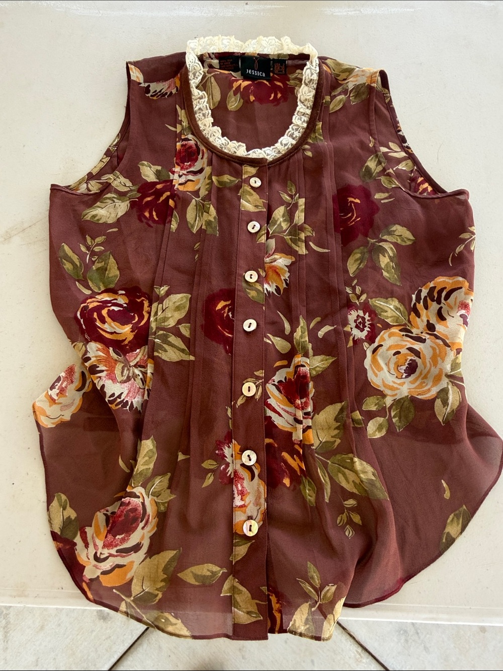Jessica Silk Floral Button-Front Sleeveless Blouse - Brown